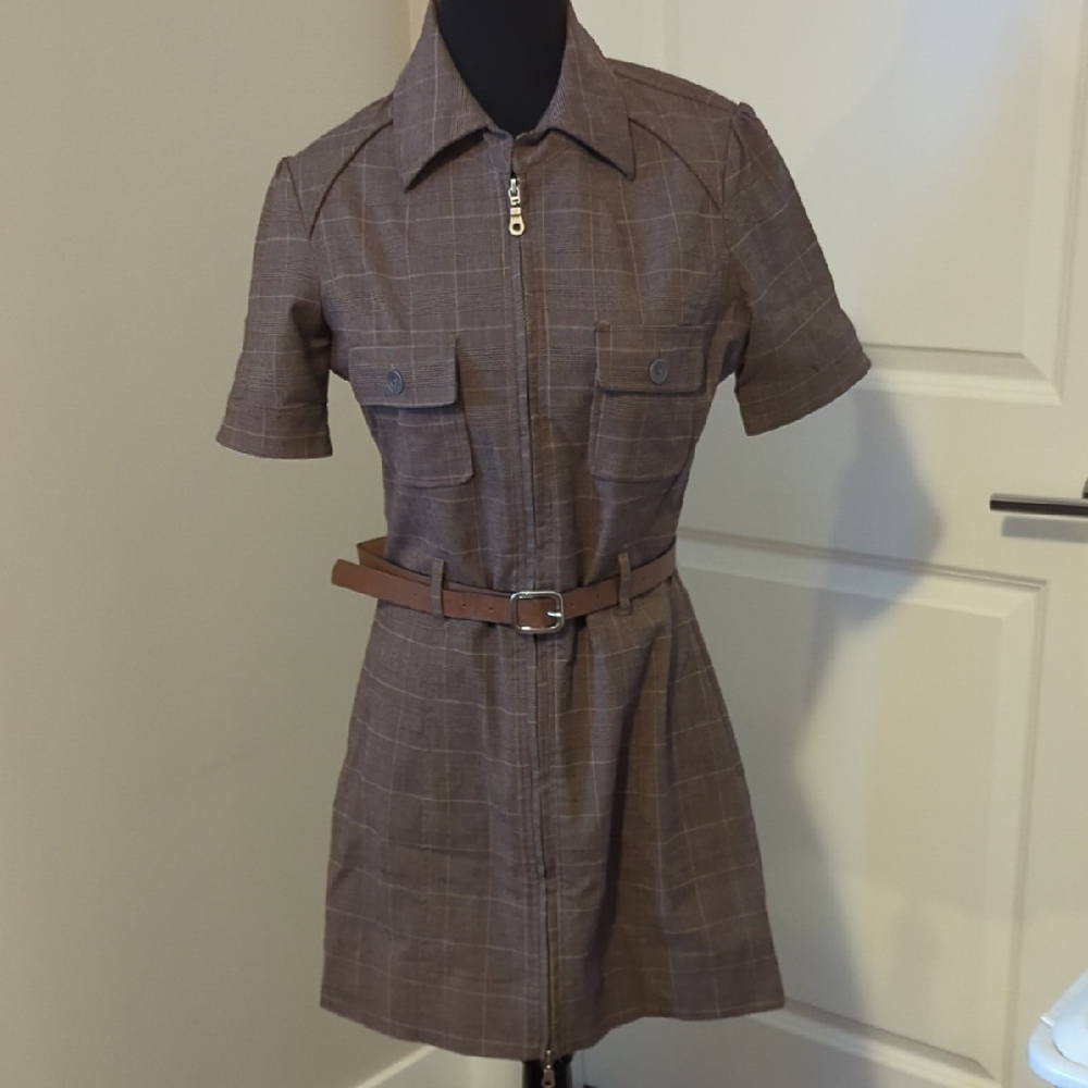 Costa Blanca | Brown Plaid Short Sleeve Belted Shirt Dress, Double Zipper, Med